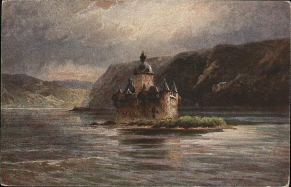 Kaub Rheinpanorama mit Pfalz Künstlerkarte