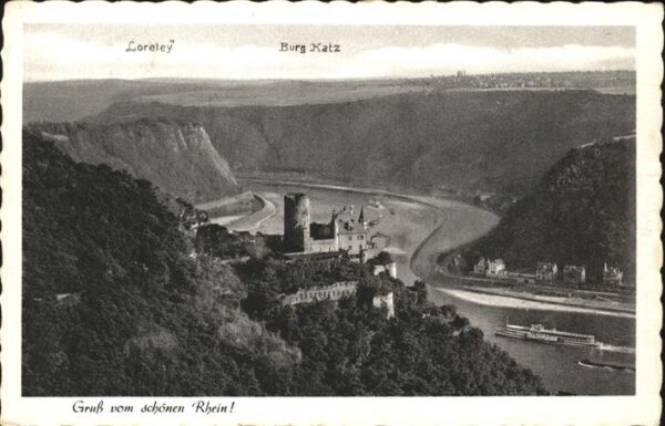 St Goarshausen Rheinpanorama mit Burg Katz Loreley Sch