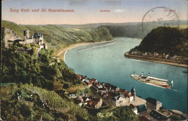 St Goarshausen Rheinpanorama mit Burg Katz Loreley