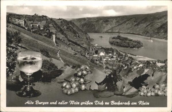 Bacharach Rhein Blick vom Weinberg Weinglas Rebe