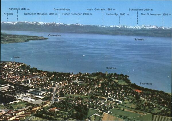 Friedrichshafen Bodensee Panorama mit österr Alpen Fliegeraufnah
