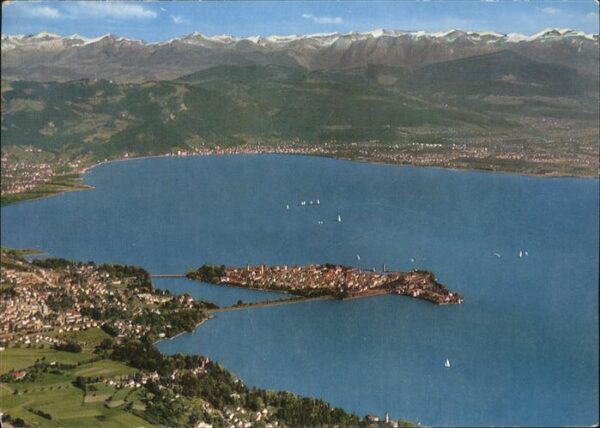 Lindau Bodensee Fliegeraufnahme mit Alpenpanorama