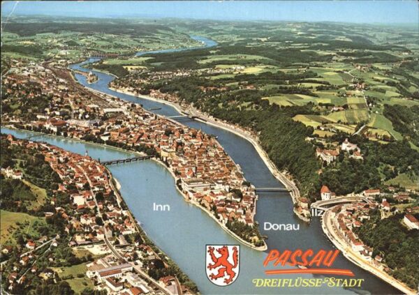 Passau mit Inn und Donau Fliegeraufnahme
