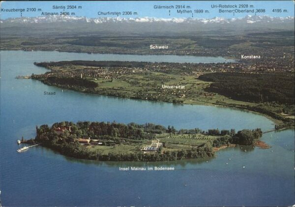 Insel Mainau Panorama mit Konstanz Schweizer Alpen F