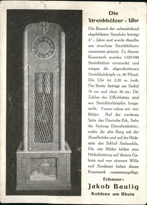 Koblenz Rhein Die Streichhölzer Uhr mit techn Daten