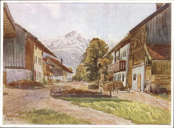 Farchant Dorfstrasse mit Alpspitze Zeichnung