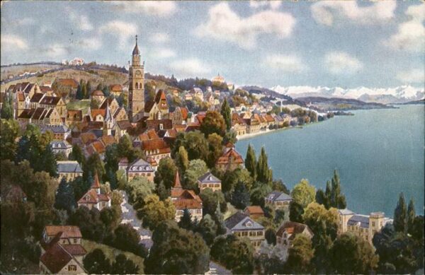 Ueberlingen Bodensee Panorama am See mit Alpen Künstlerkarte