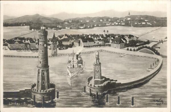 Lindau Bodensee Panorama mit Hafenausfahrt Leuchtturm