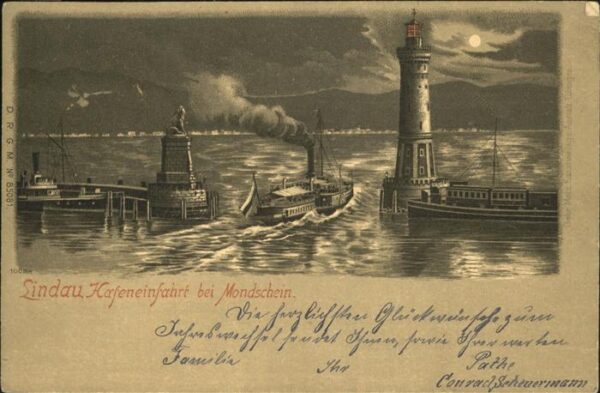 Lindau Bodensee Hafeneinfahrt mit Leuchtturm bei Mondsc