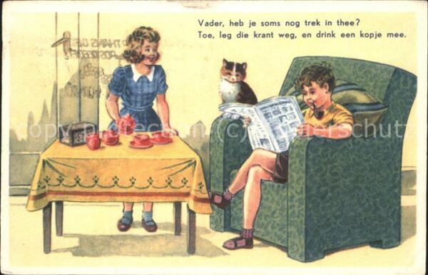 Zeitung Pfeife Katze Sessel