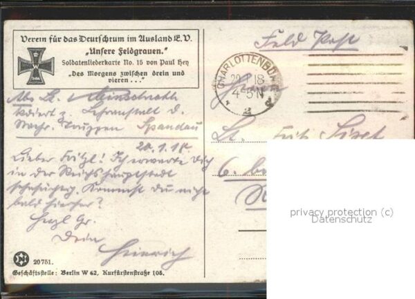 Liederkarte Soldaten Paul Hey Nr. 15 Unsere Feldgra – Bild 2