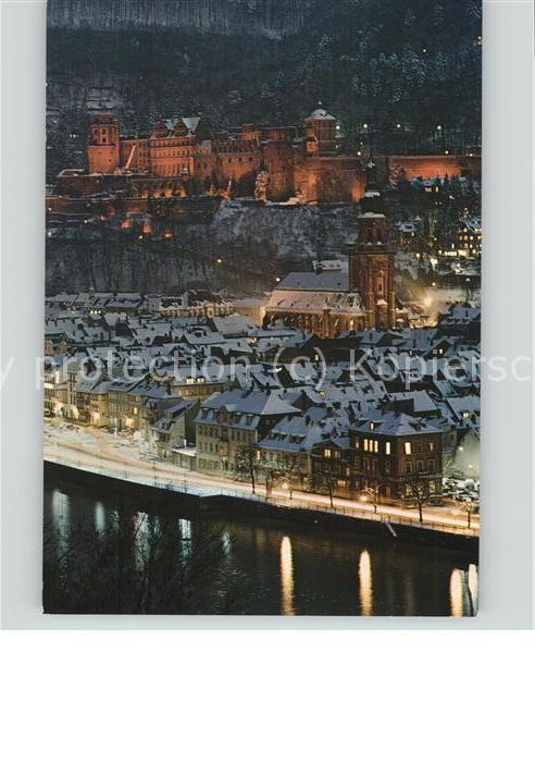 Heidelberg Neckar Schloss und Heiliggeistkirche bei Nacht