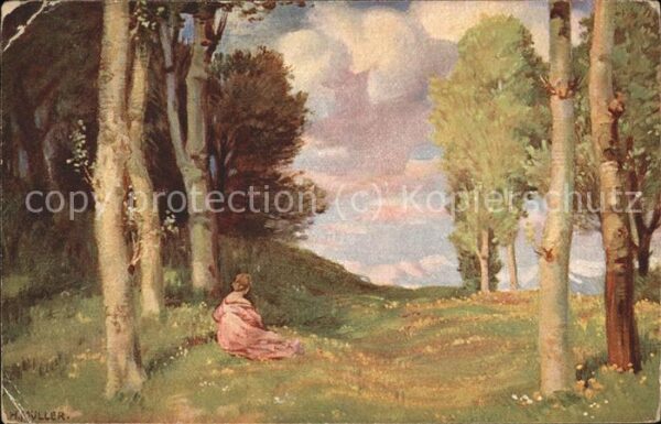 Kuenstlerkarte H. Müller Nr. 1514 Bäume Wiese Frau