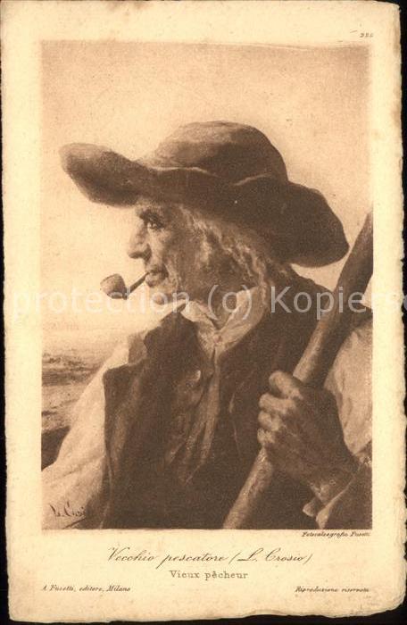 Kuenstlerkarte L. Crosio vecchio pescatore Pfeife Fisc