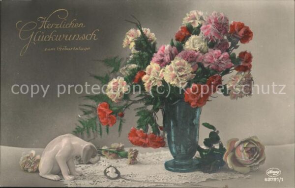 Blumen Geburtstag Porzelan-Hund Nelken