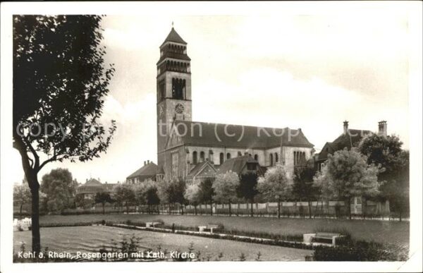 Kehl Rhein Rosengarten mit Kath Kirche