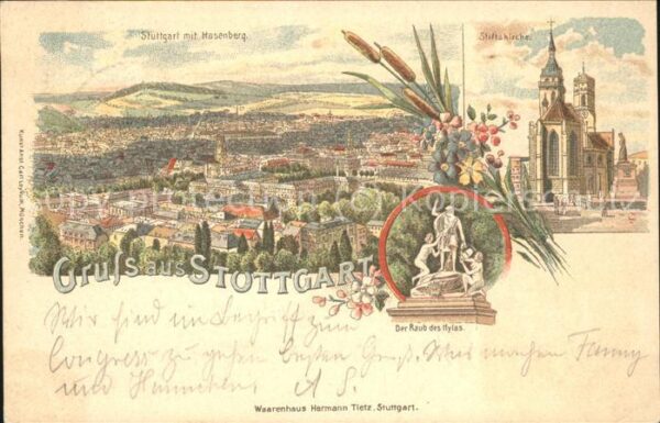 Stuttgart mit Hasenberg Stiftskirche und Skulptur