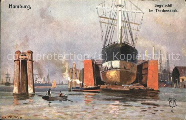 Segelschiffe Trockendock Hamburg Künstlerkarte