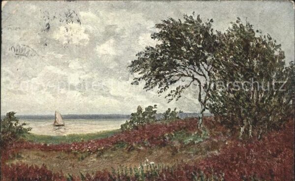 Kuenstlerkarte Segelboot Bäume