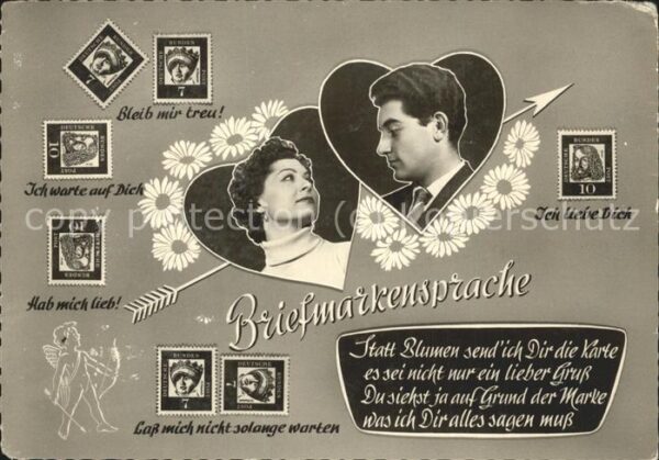 Briefmarkensprache Herzen Paar Pfeil Blumen Gedicht