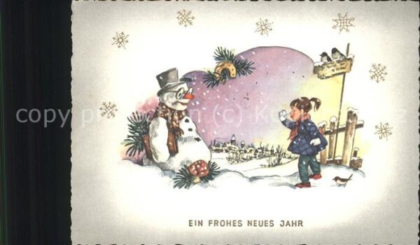 Schneemann Neujahr Kind Vögel Hufeisen Pilz