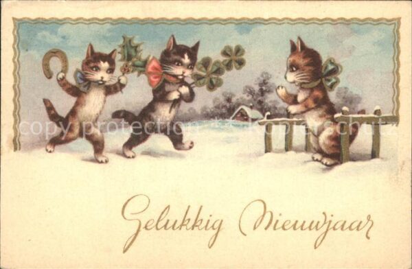Katzen vermenschlicht Kleeblatt Neujahr Hufeis