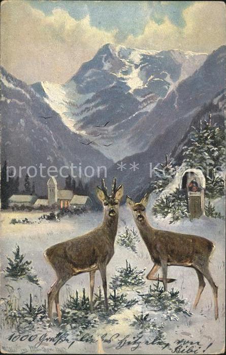 Hirsch Reh Wegkreuz Berge Künstlerkarte