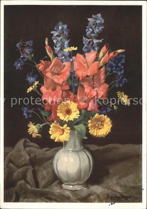 Blumen Gladiolen Rittersporn Künstlerkarte W.H