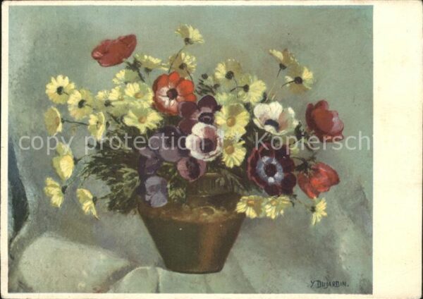 Kuenstlerkarte Y. Dujardin Gelbe Margeriten und Anemon