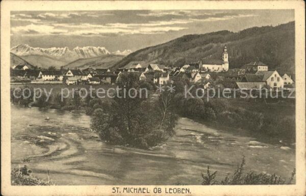 St Michael Obersteiermark Partie am Fluss Gesamtansicht mit Alpen