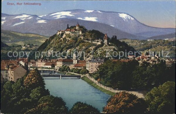 Graz Steiermark Stadtansicht mit Mur Brücke und Schloss