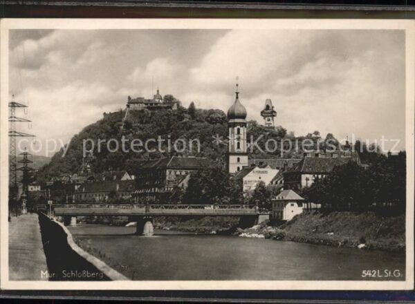 Graz Steiermark Partie an der Mur Brücke Schlossberg Uh