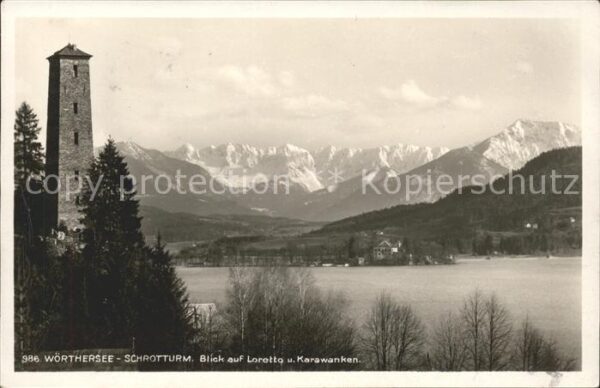 Woerthersee Schrotturm Blick auf Loretto und Karawa