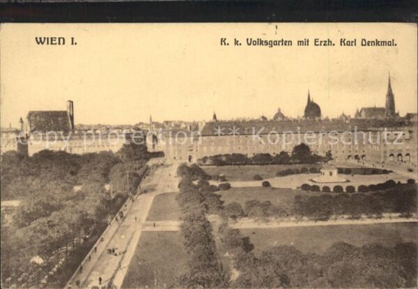 Wien KK Volksgarten mit Erzh Karl Denkmal