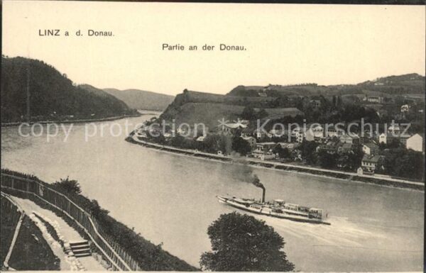 Linz Donau Partie an der Donau Dampfer handkolorie