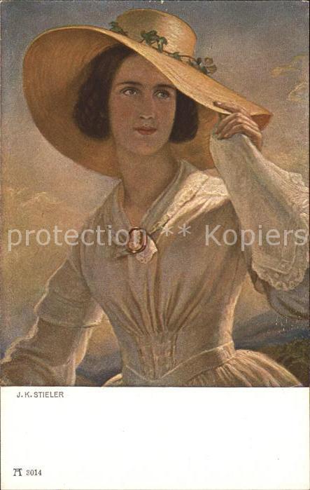 Verlag Ackermann Kuenstlerpostkarte Nr. 2014 J. K. Stieler Frau Hutmode Brosche