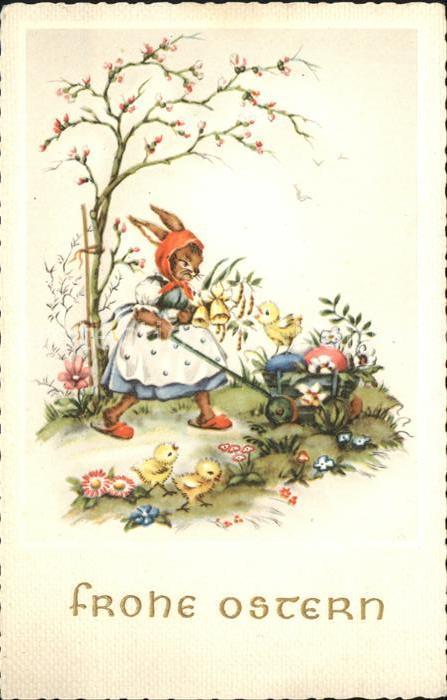 Ostern Easter Paques Hase vermenschlicht Küken Blumen