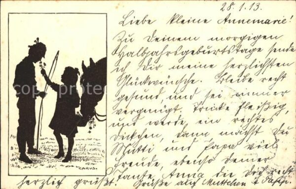 Scherenschnitt Schattenbildkarte Carus Nr. 57 Kind Pferd Blumen