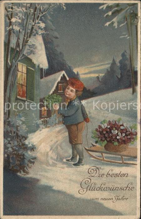 Neujahr Kind Schlitten Blumen