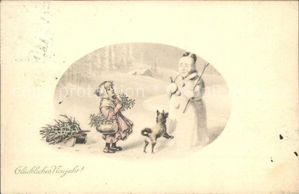 Schneemann Neujahr Kind Hund