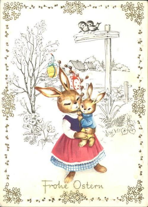 Hasen vermenschlicht Ostern Vögel Blumen
