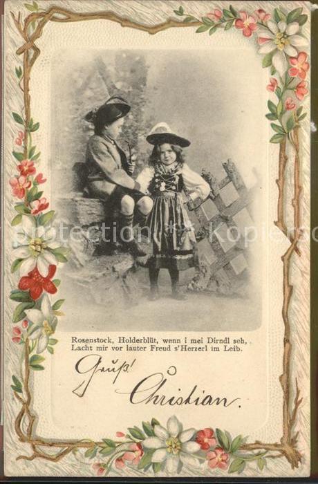 Kinder Child Enfants Trachten Pfeifen Blumen Spruch