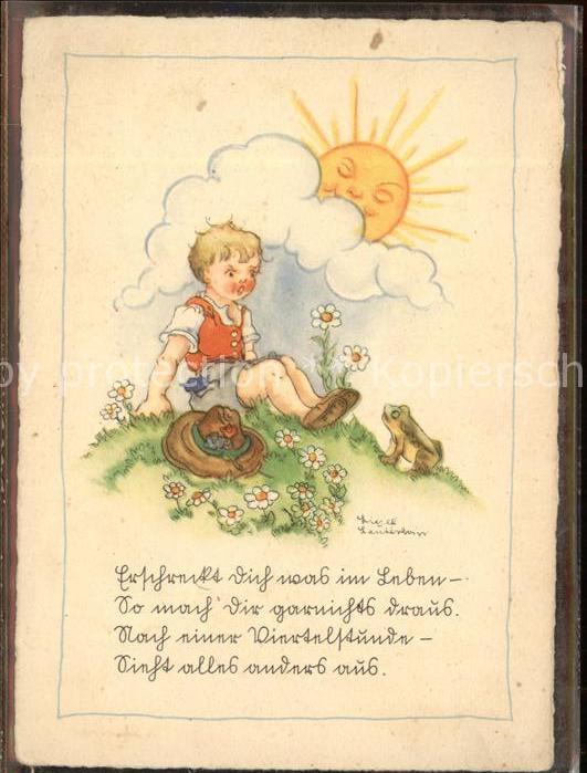 Kuenstlerkarte Liesel Lauterborn Kind Frosch Hut Blume