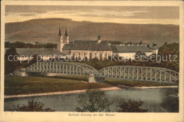 Hoexter Weser Schloß Corvey an der Weser mit Brücke