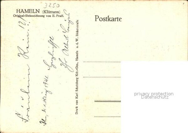 Hameln Weser Steinzeichnung Künstlerkarte E. Prael – Bild 2
