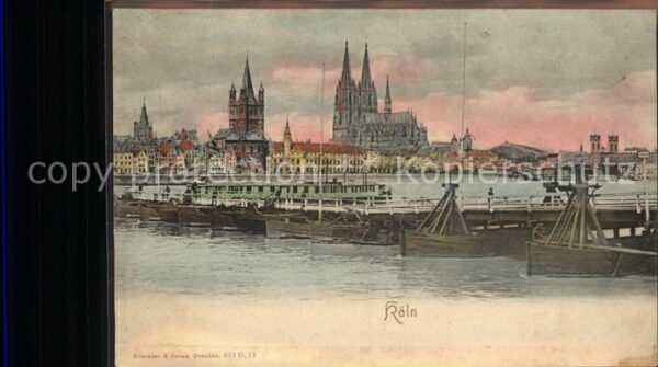 Koeln Rhein mit Holzbrücke und Dom