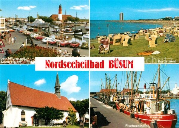Buesum Nordseebad Leuchtturm mit Altem Hafen Korbstrand S