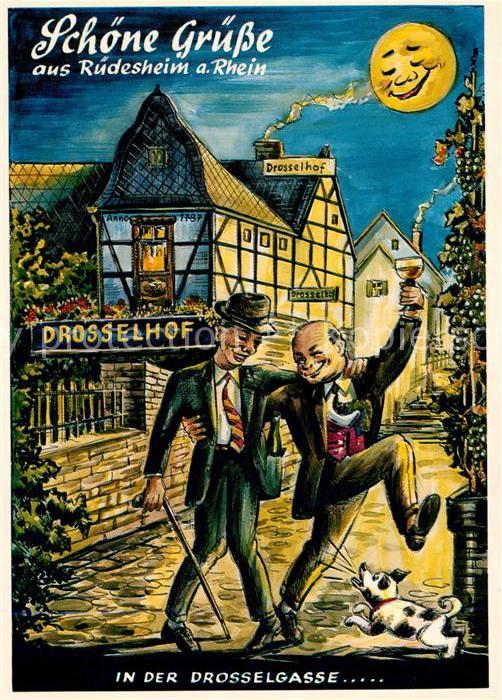 Ruedesheim Rhein Drosselhof in der Drosselgasse Karikatu