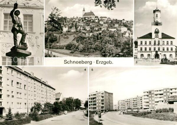 Schneeberg Erzgebirge Plastik des Bergmannsbrunnens Stadtblic