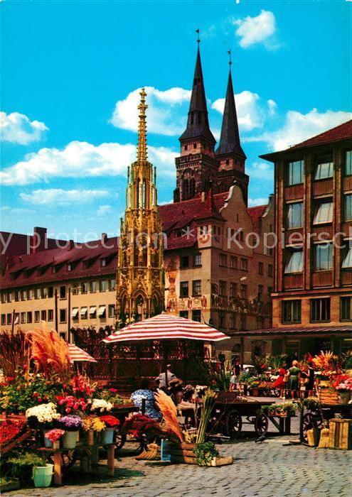 Nuernberg Schöner Brunnen Marktplatz Kirchtürme